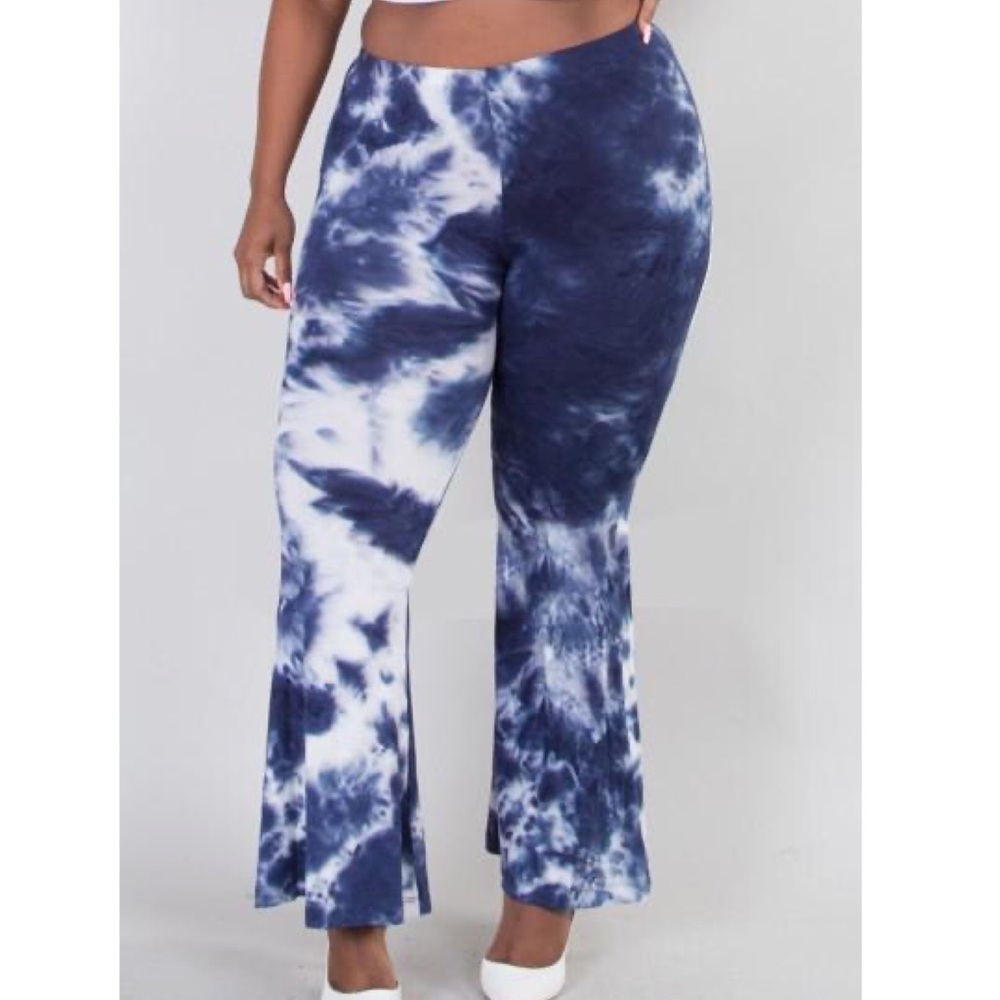 Blue and White Plus Size Tie Dye Bell Bottom Pants